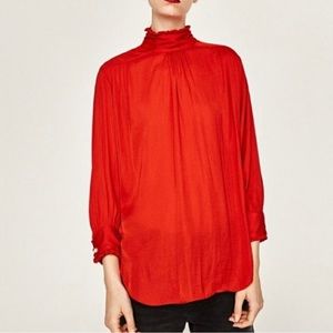 Zara Red High Neck Blouse Long Sleeves Pearl Button Cuffs